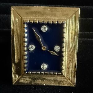 Vintage Clock Face Brooch Gold Tone Blue Watch